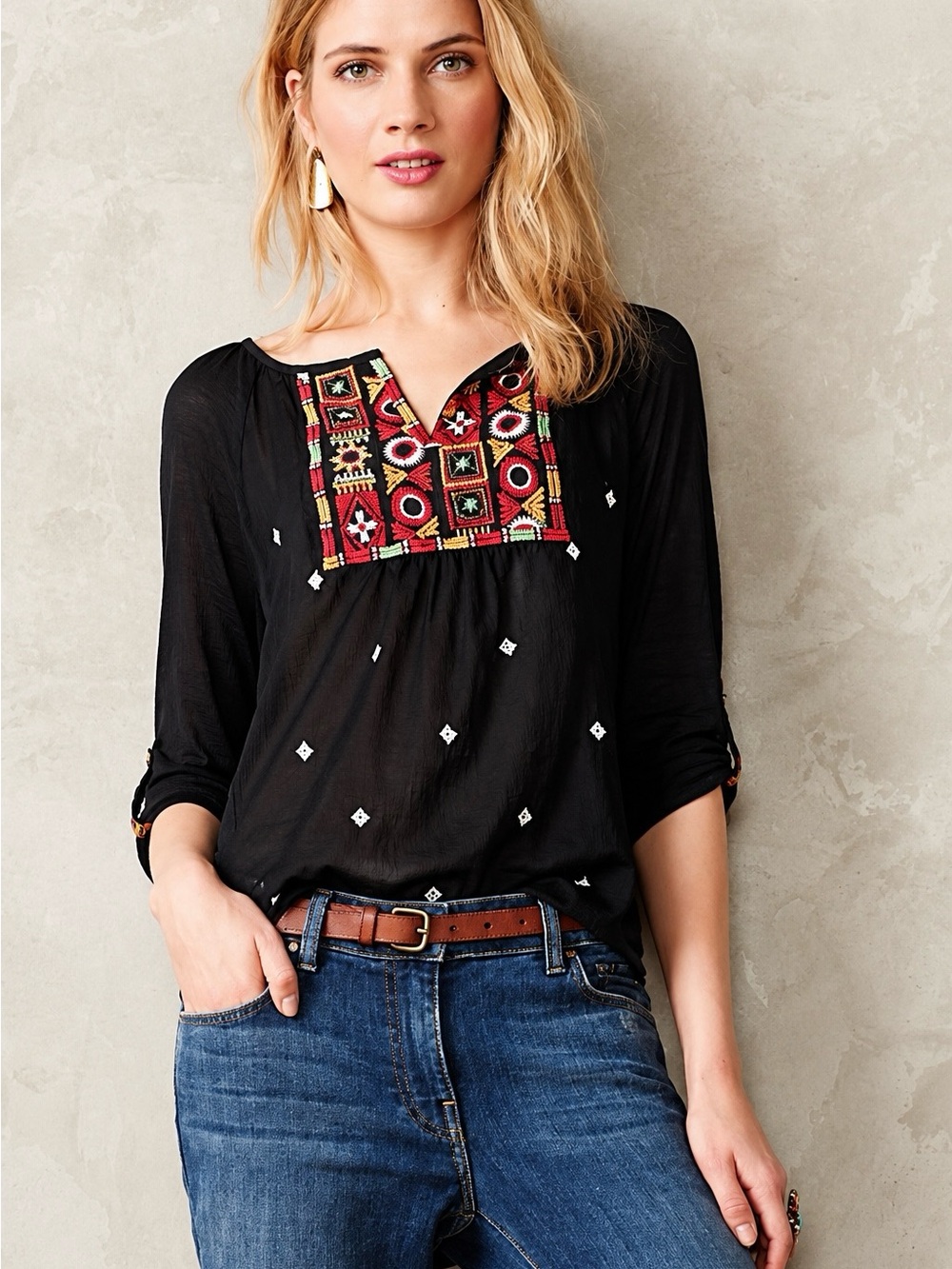 Anthropologie Tiny Tribal Embroidered Henley Top Boho Casual Global Size XS
